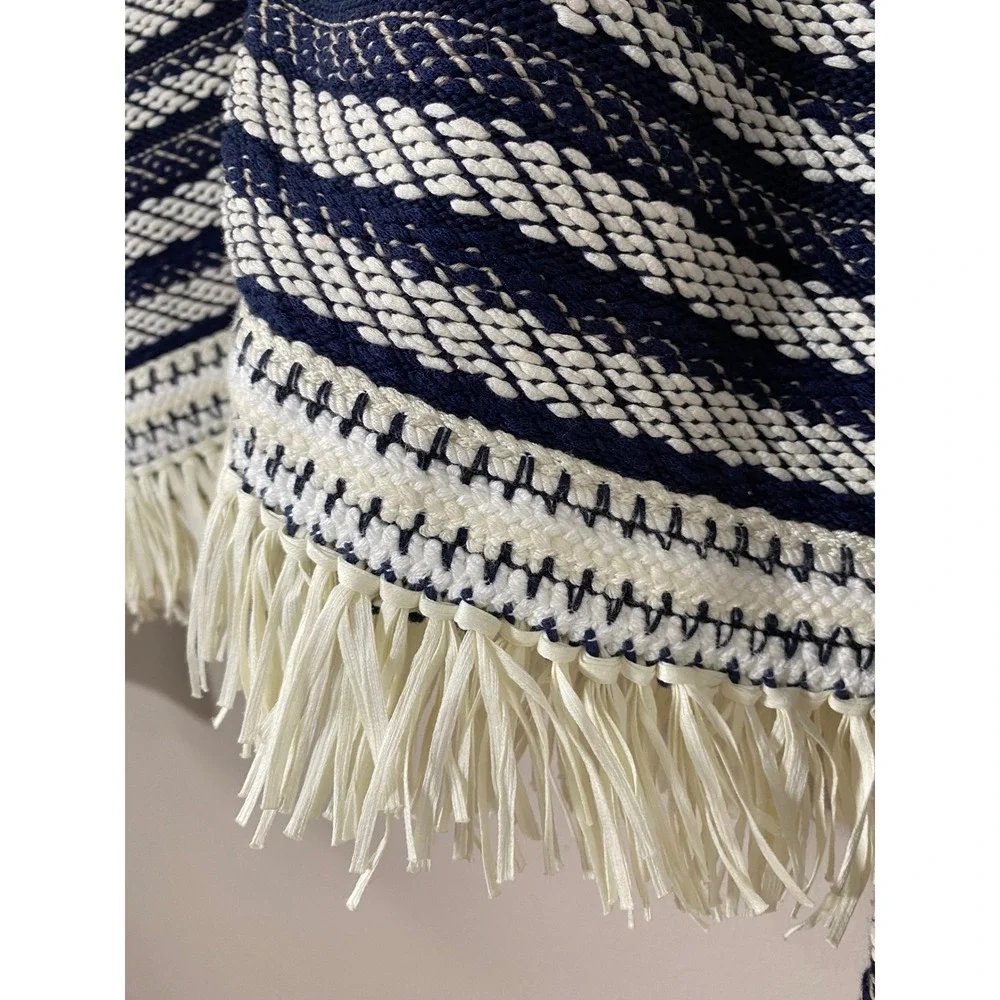 Tory Burch Payton Fringe Cardigan Navy Blue Ivory Stripe Blazer NWT Large $598